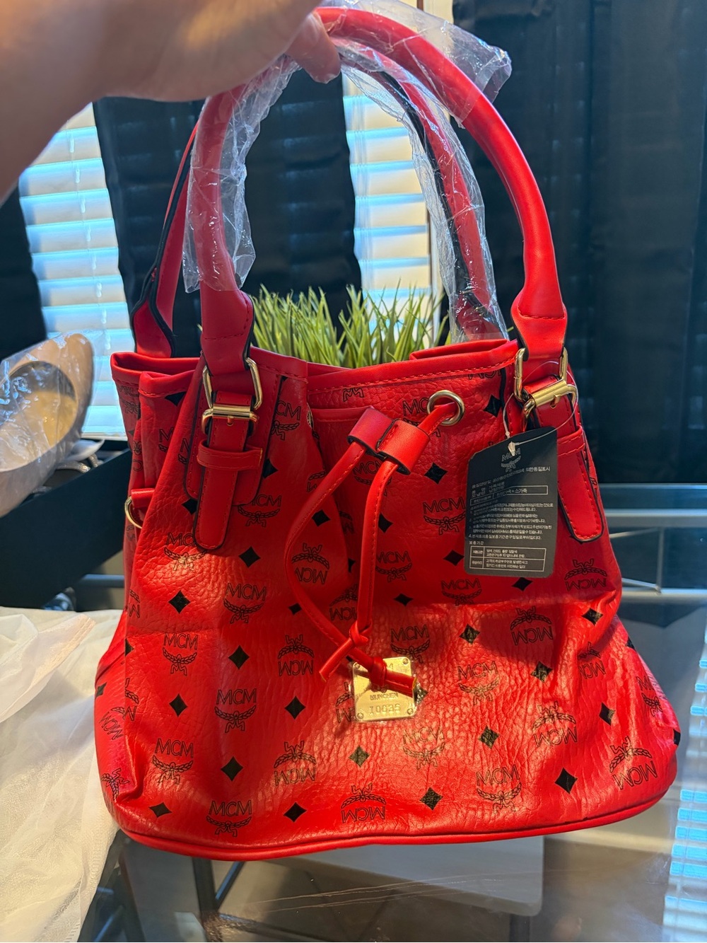 Source Unknown Red Visetos Drawstring Shoulder Bag with Gold Hardware